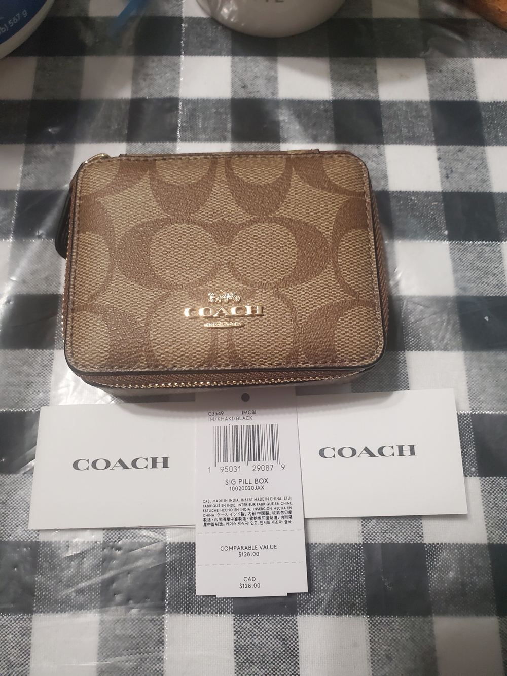 Coach Tan and Brown Signature Zip Pill Case